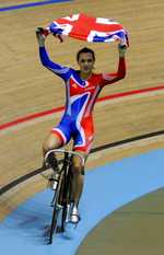 Pendleton celebrates winning the sprint at the 2008 UCI Track Cycling World Championships (© johnthescone, CC BY 2.0)