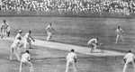 Australian cricket batsman Bill Woodfull faces a Bodyline field in the 4th Test match in Brisbane, 1933. Harold Larwood is bowling.