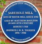 Blue plaque at Sarehole Mill, Birmingham, commemorating J. R. R. Tolkien and Matthew Boulton. (© Carcharoth, CC BY-SA 3.0)